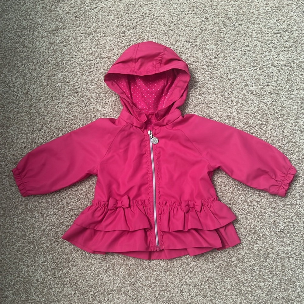 1294. Baby 2-4 Months Pink Coat with Removable Hood, Polka Dot & Ruffle Design
